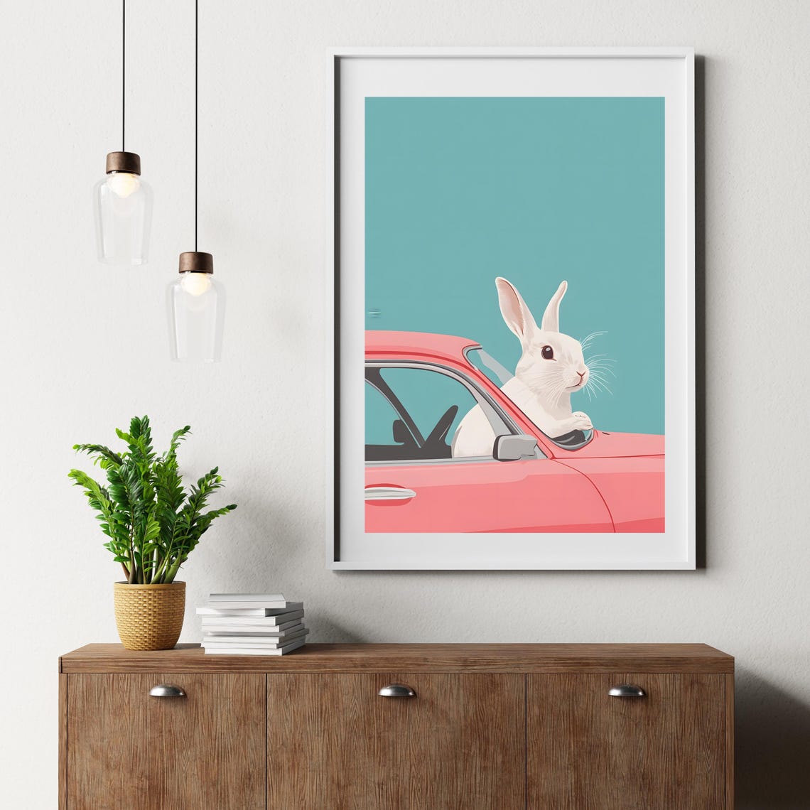 Rabbit Driving Retro Pink Car Cute Funny Animal Nursery Art Poster - Image 2