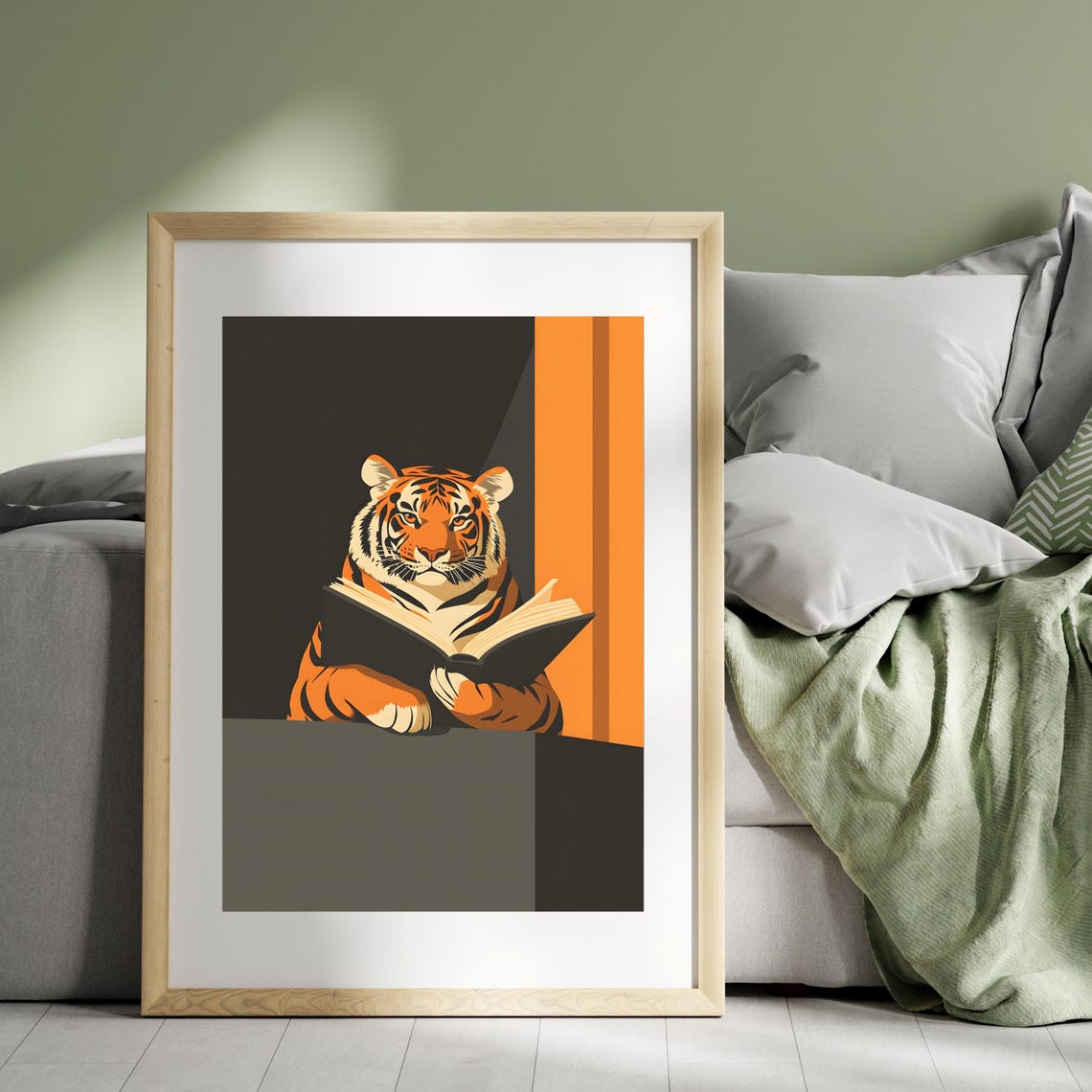 Sophisticated Tiger Reading Book Minimalist Orange Black Art Poster - Image 2