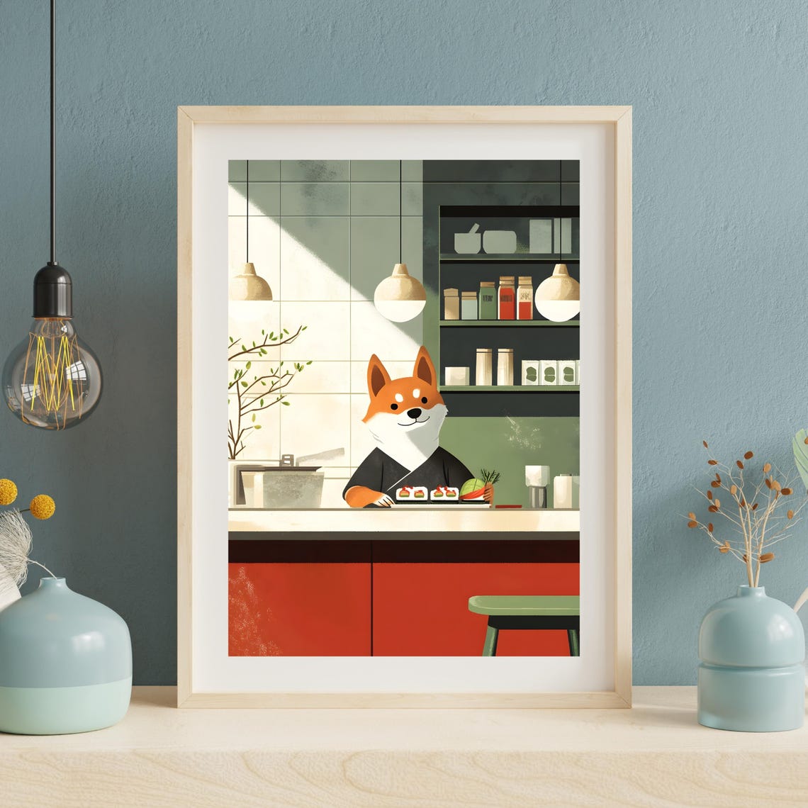 Cute Shiba Inu Sushi Chef Poster Japanese Kitchen Wall Art Adorable Dog Cooking Art Shiba Inu Sushi Art Print Japanese Culinary