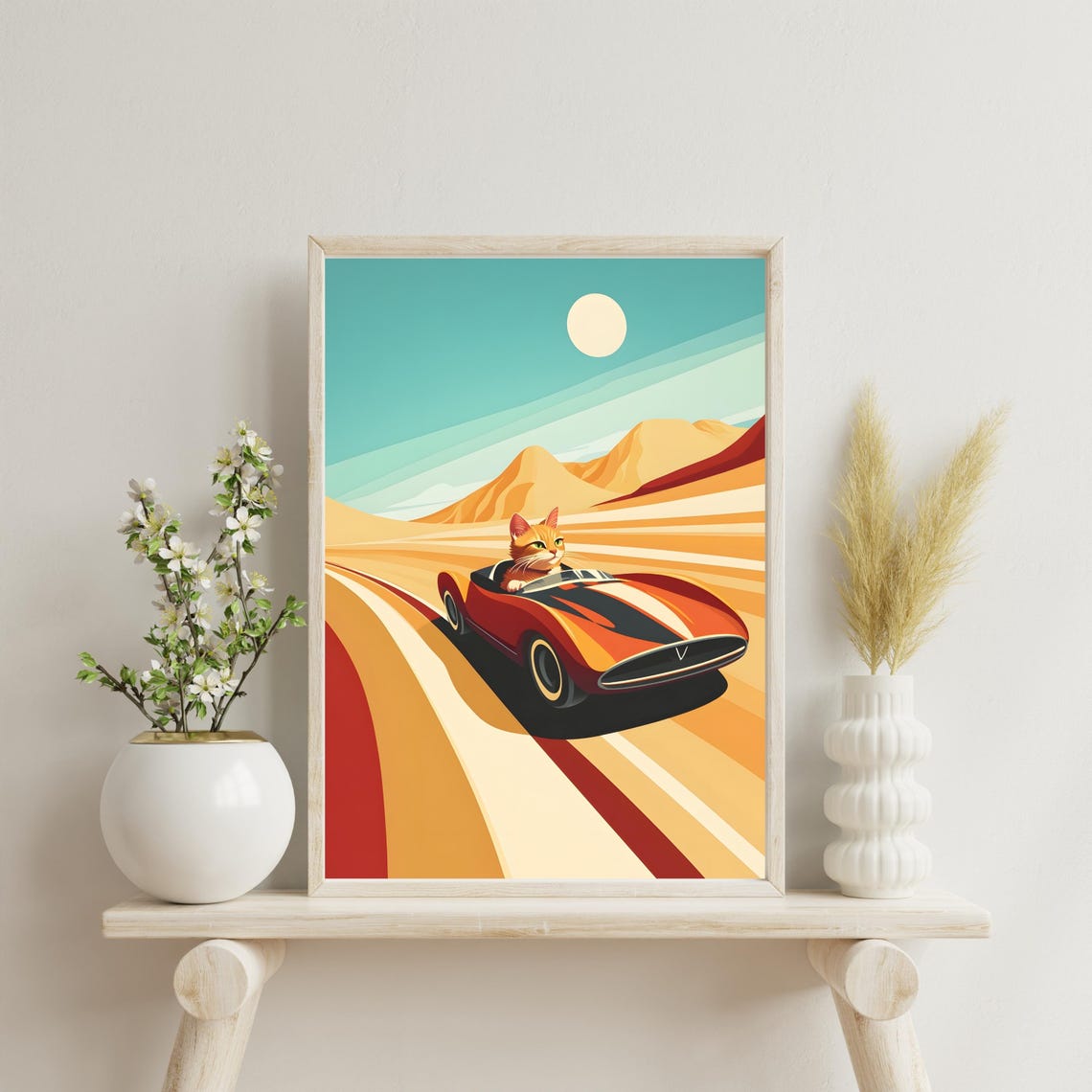 Orange Cat Driving Red Vintage Race Car on Desert Road Poster - Image 4