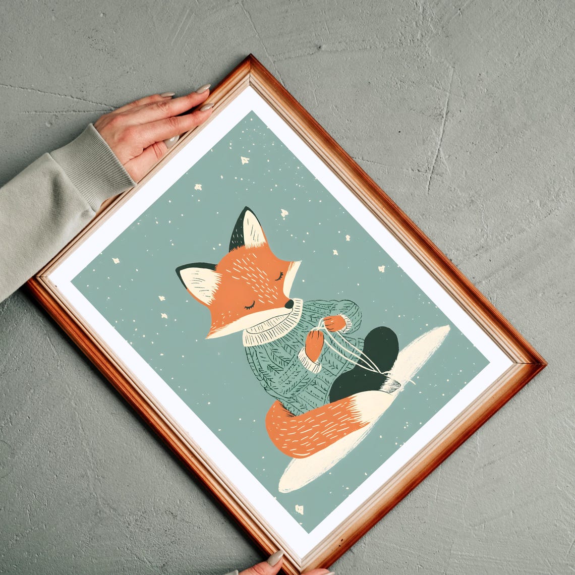 Fox Knitting in Sweater Winter Snowfall Cozy Animal Nursery Art Poster - Image 3