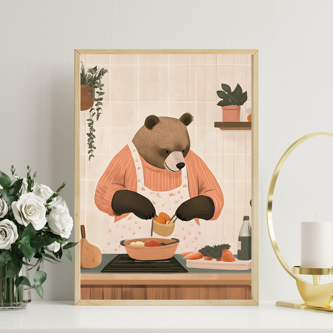 Cozy Bear Chef Cooking at the Stove Wearing a Floral Kitchen Apron Poster - Image 2