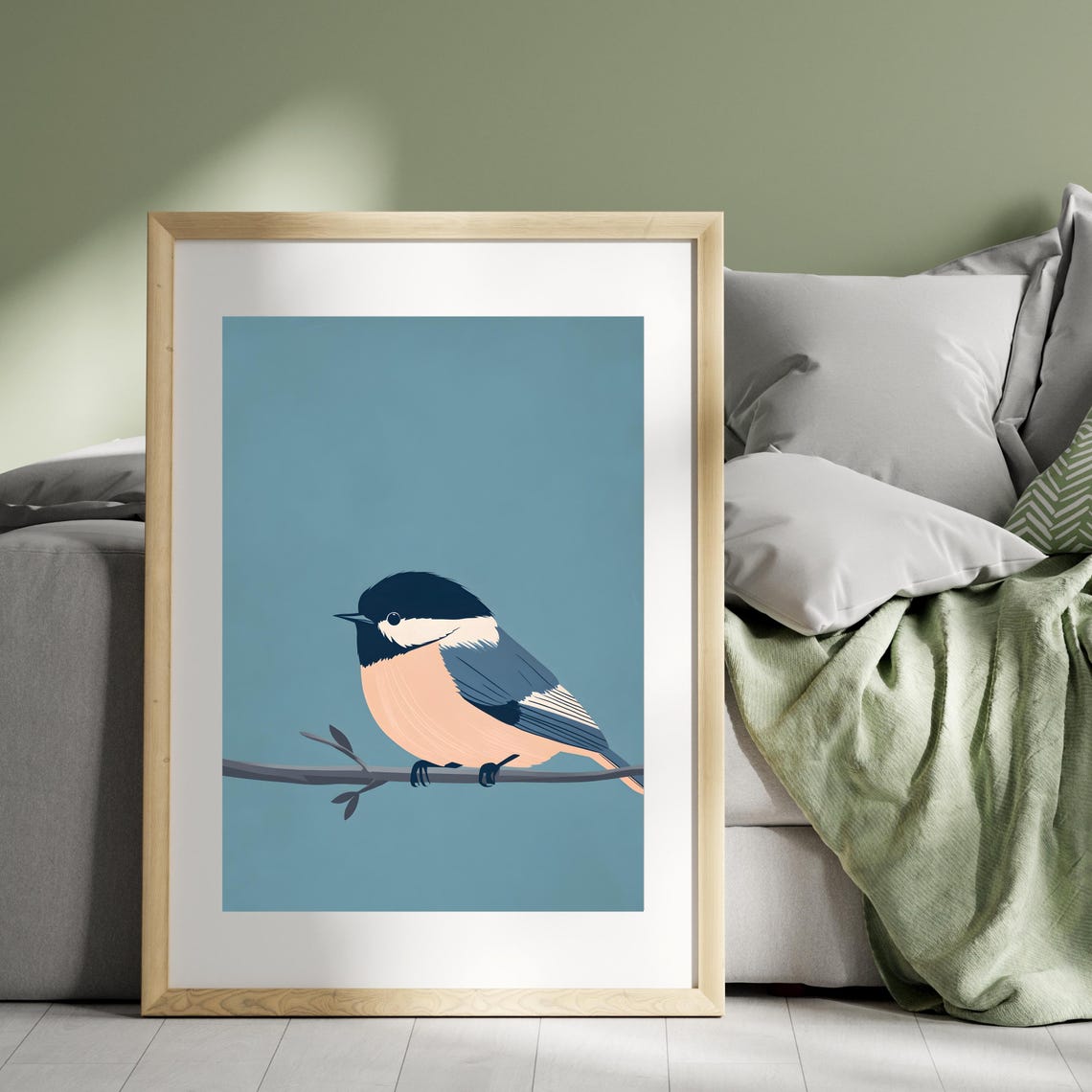 Minimalist Chickadee Perched on a Branch Dusty Blue Bird Poster - Image 5