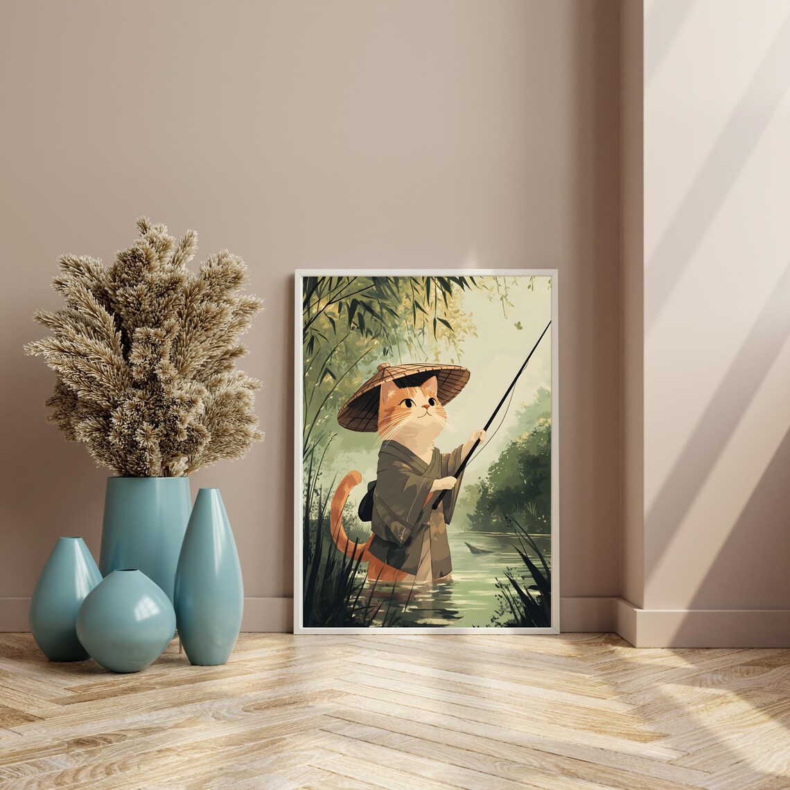 Ginger Cat Fisherman Wearing a Kimono and Straw Hat on a Calm River Poster - Image 8