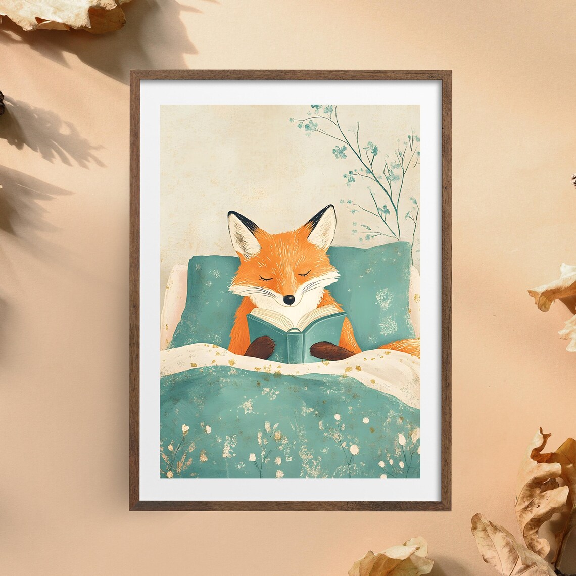 Fox Reading Book in Bed Cute Cozy Bedtime Animal Nursery Art Poster - Image 5