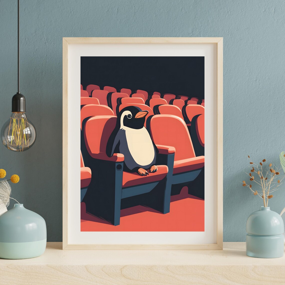 Penguin At The Theater Red Seats Cinema Night Animal Art Poster - Image 3