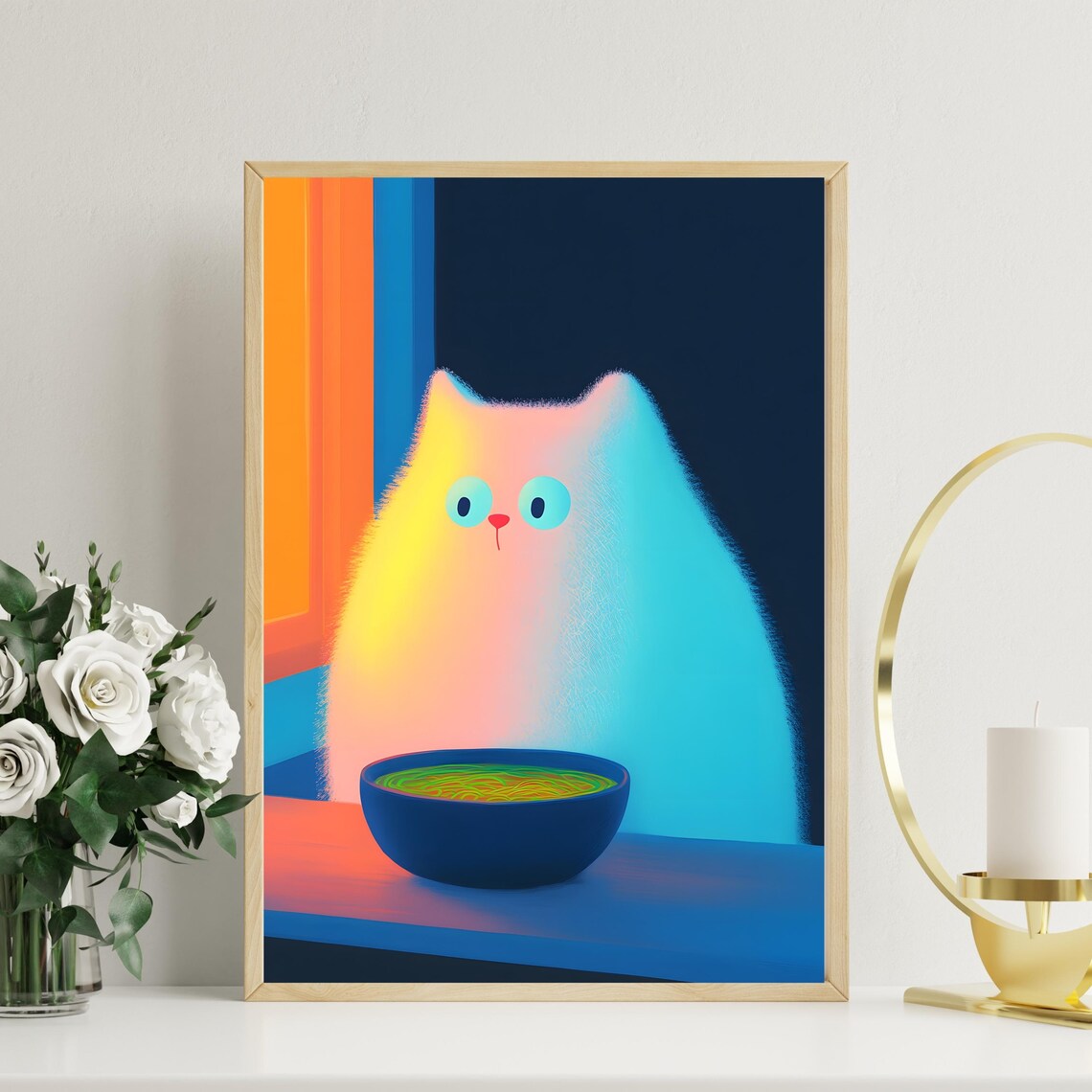 Fluffy Rainbow Cat With Bowl Of Ramen Sunset Window Cat Poster