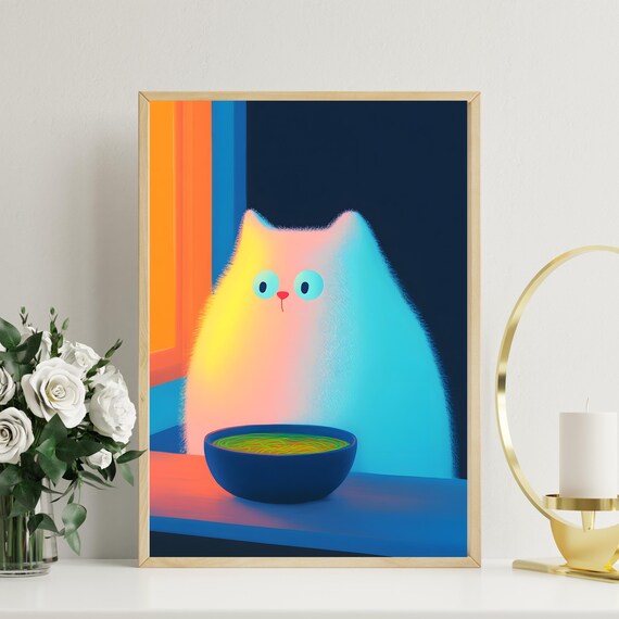 Fluffy Rainbow Cat With Bowl Of Ramen Sunset Window Cat Poster