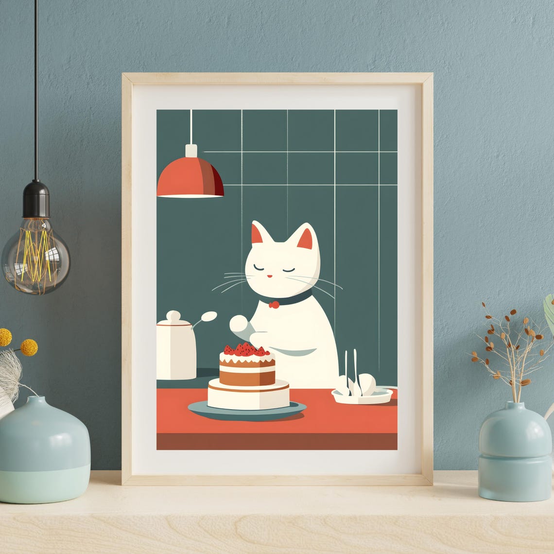 Cat Decorating Strawberry Cake Cute Kitchen Animal Nursery Art Poster - Image 8