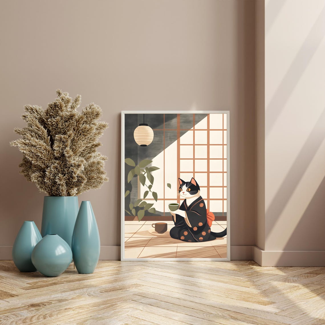 Black and White Cat in Kimono Drinking Tea by Shoji Screen Poster - Image 8