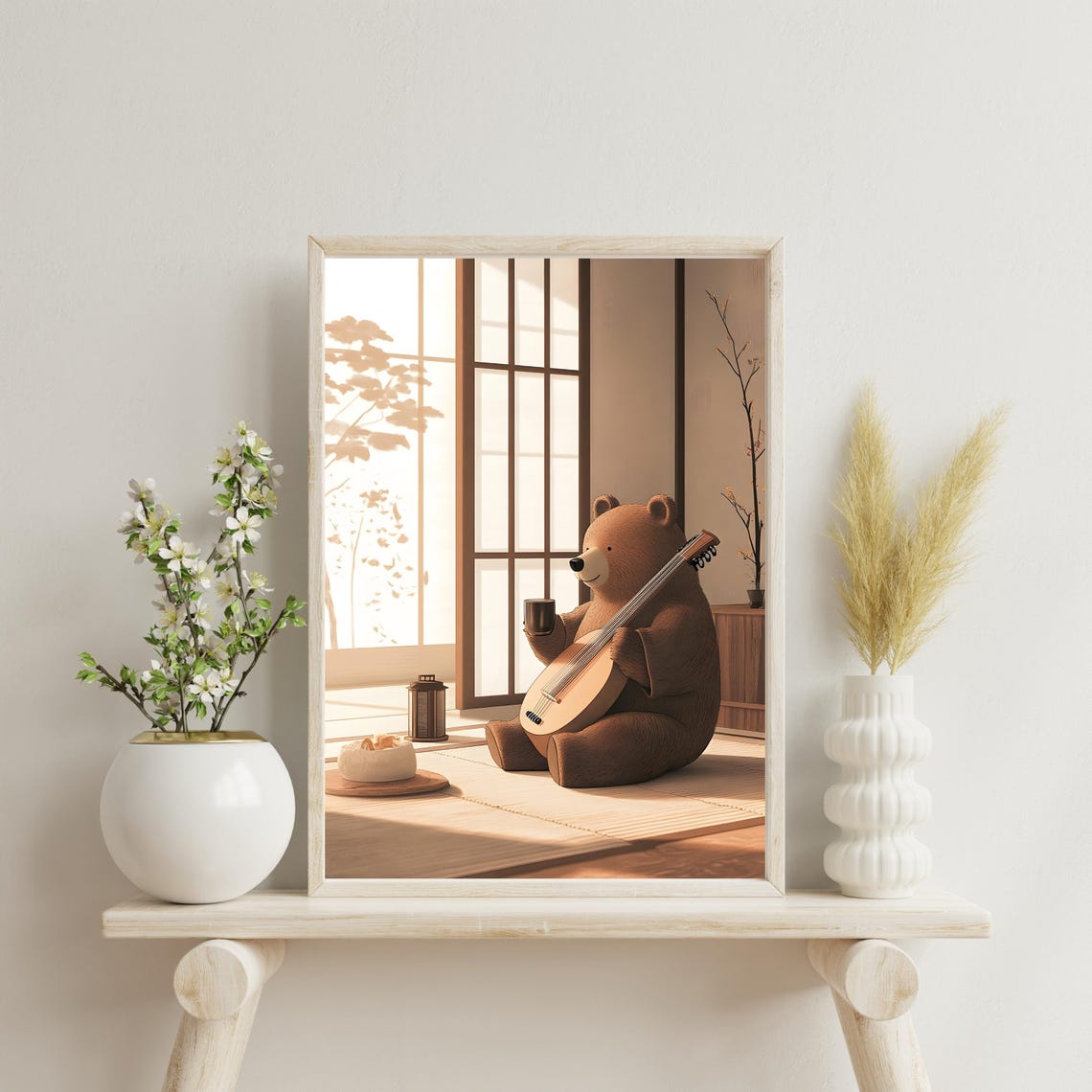 Cozy Bear Playing Lute Japanese Tea Room Relaxing Animal Art Poster - Image 4