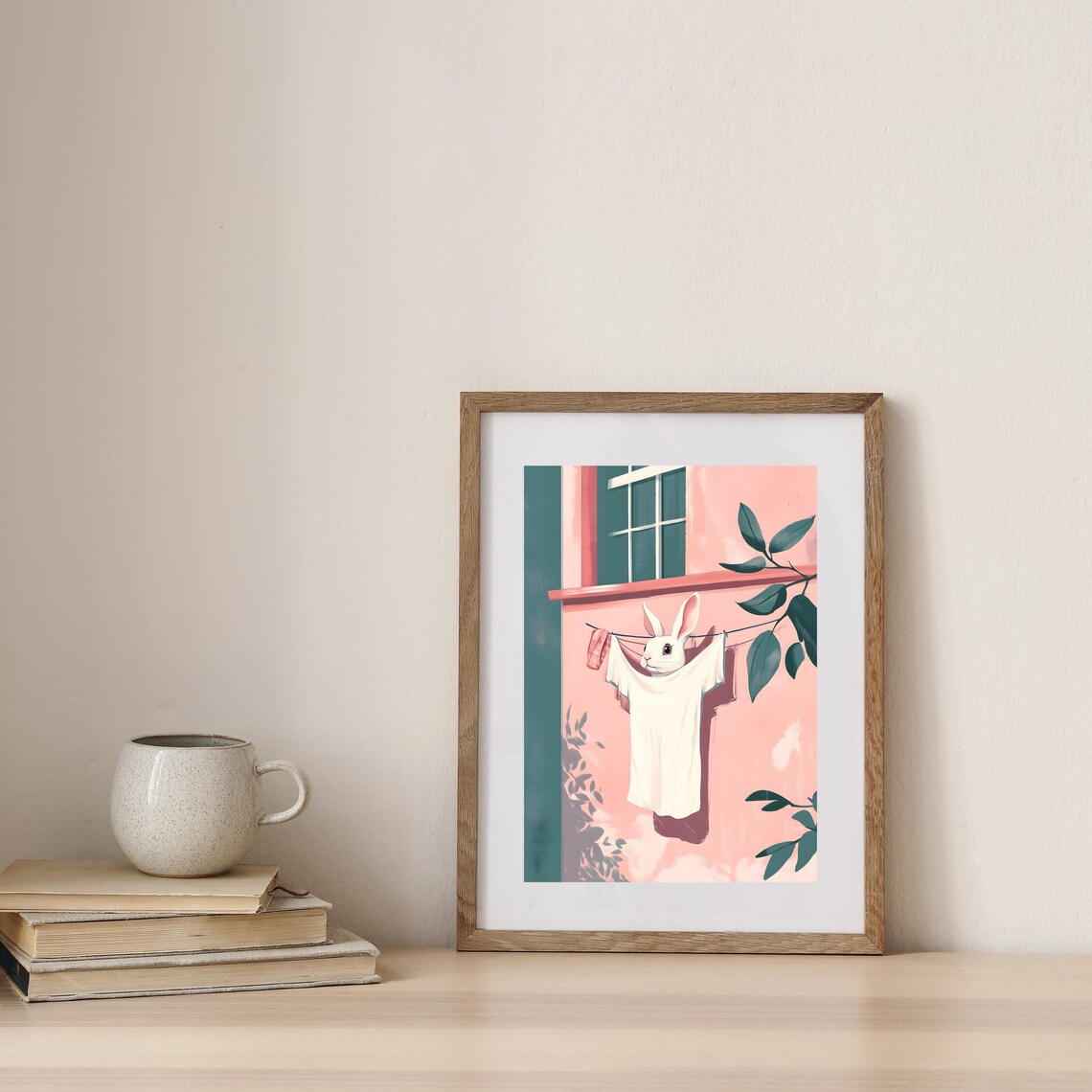 Curious White Rabbit Peeking Through Laundry Drying on a Clothesline Poster - Image 6