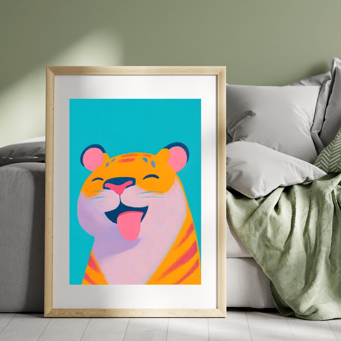 Cheerful Orange Tiger with Tongue Out on Bright Turquoise Poster - Image 2