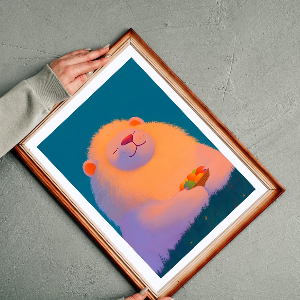Content Sleepy Pink Lion Holding Fruit Basket on Deep Teal Poster - Image 3