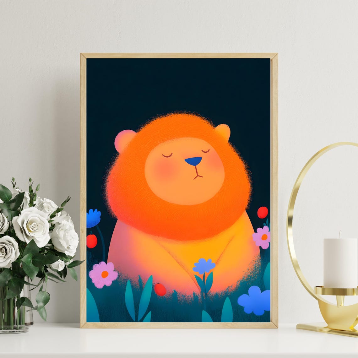 Sleeping Orange Lion Resting Among Flowers on Dark Teal Poster
