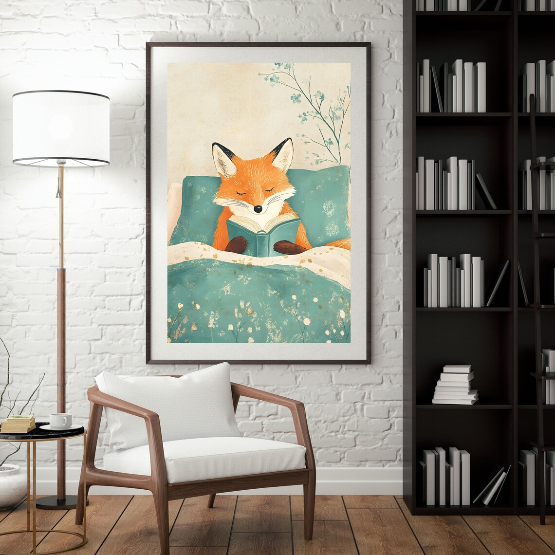 Fox Reading Book in Bed Cute Cozy Bedtime Animal Nursery Art Poster - Image 4