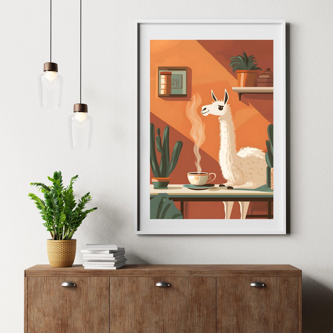 Llama Sipping Coffee Cozy Cafe Morning Whimsical Animal Art Poster - Image 6