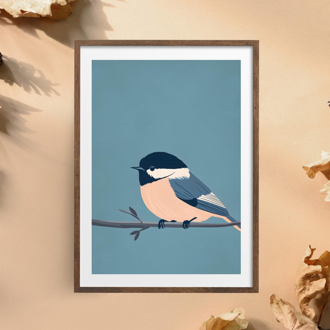 Minimalist Chickadee Perched on a Branch Dusty Blue Bird Poster