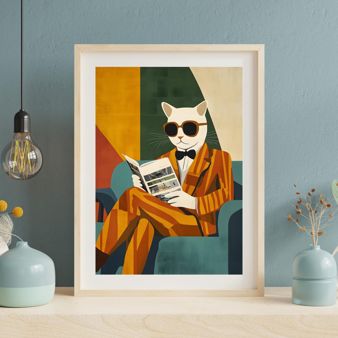 Classy Cat Suit Sunglasses Reading Newspaper Retro Style Art Poster - Image 6