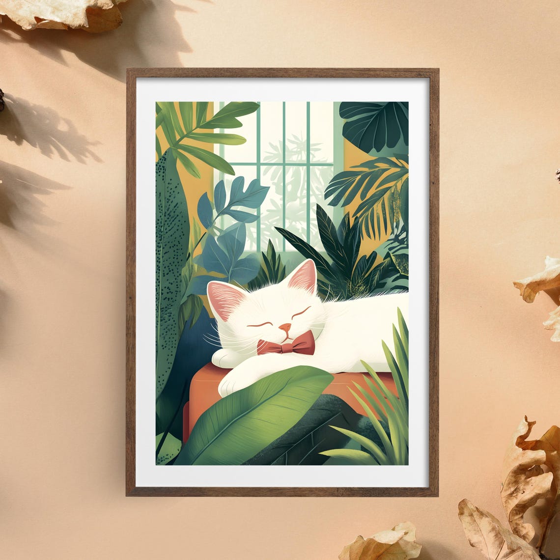 White Cat With Red Bow Tie Sleeping Among Tropical Plants Poster - Image 3