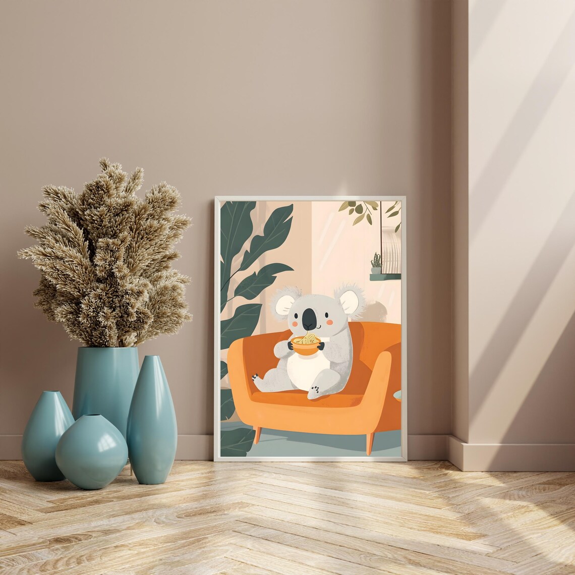 Cute Koala Eating Noodles Orange Couch Cozy Nursery Art Poster - Image 8