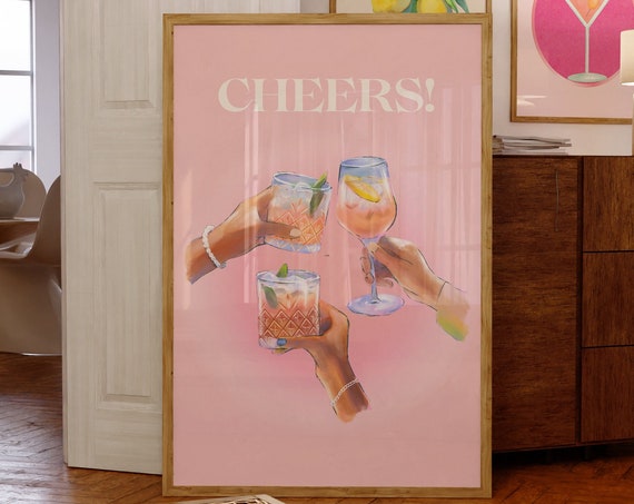Retro Cheers Art Printaesthetic Girly Bar Cart Artpreppy Pink Postertrendy Bar Cart Decorcocktail Printgirly Wall Artcheers Wall Art