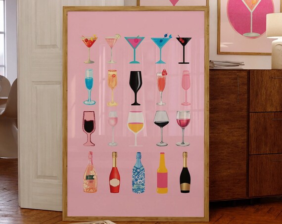 Retro Champagne Poster Aesthetic Girly Bar Cart Art Preppy Pink Posters Champagne Posters Wine Bottle Cute Girly Poster Champagne Wall Art