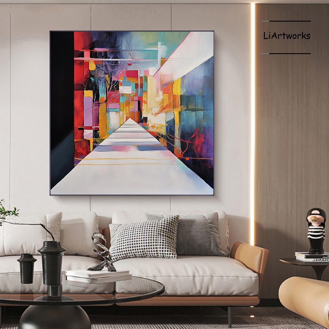 Vibrant Abstract City Alley in Bold Red Blue and Yellow Oil Art Poster - Image 3
