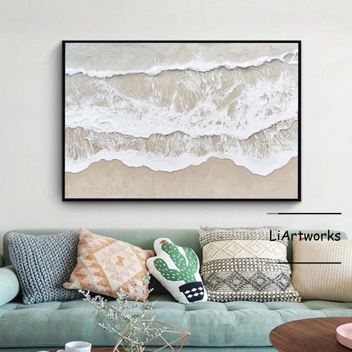 Aerial View of Sandy Shoreline With Rolling White Foamy Waves Poster - Image 3