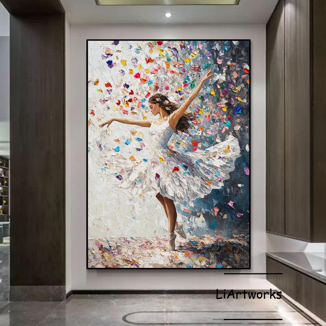 Ballerina Dancing Amid Colorful Confetti Palette Knife Art Poster - Image 4
