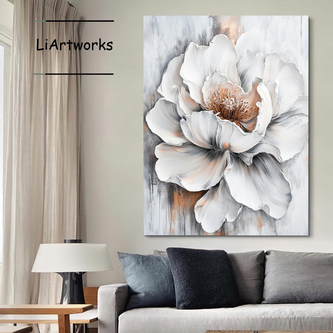 White Flower With Copper Center On Gray Textured Floral Poster - Image 3