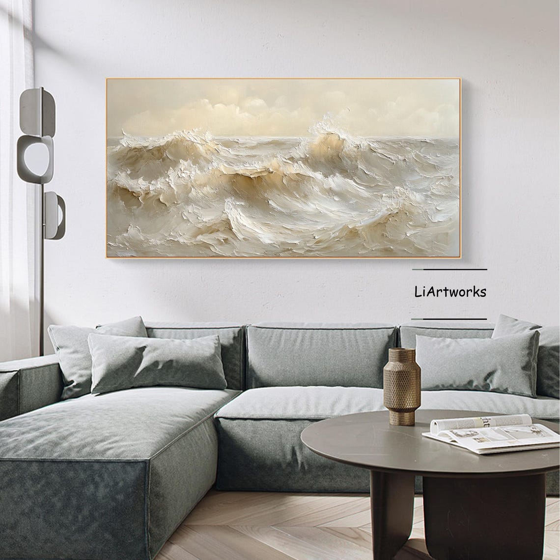 Crashing Beige Waves With White Spray Textured Ocean Art Poster - Image 3