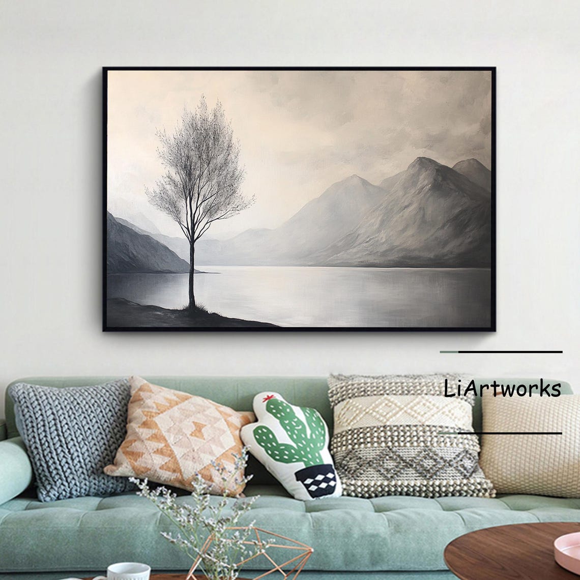 Gray Tone Lone Tree by a Still Lake With Misty Mountains Beyond Poster - Image 3