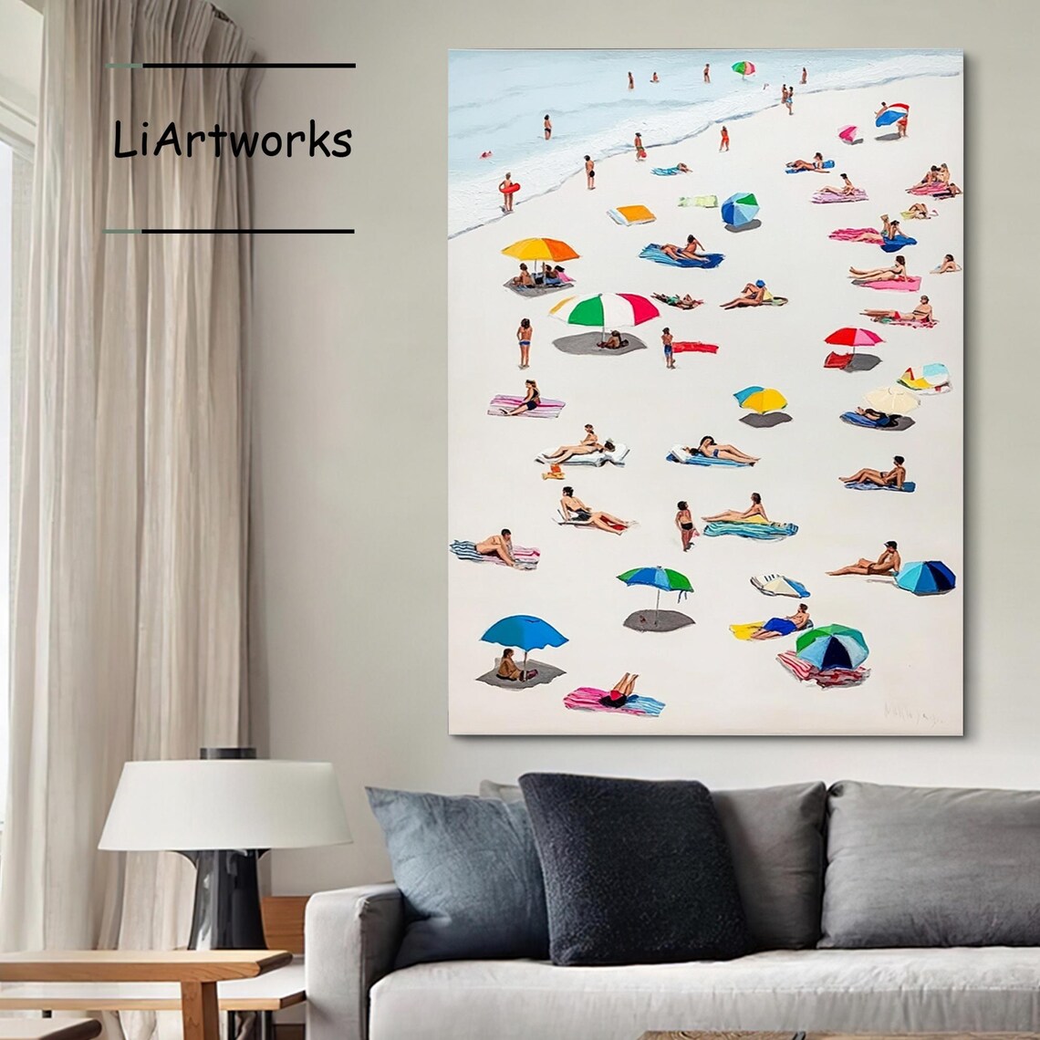 Beach Bathers Colorful Umbrellas Calm Sea Summer Retreat Art Poster - Image 3