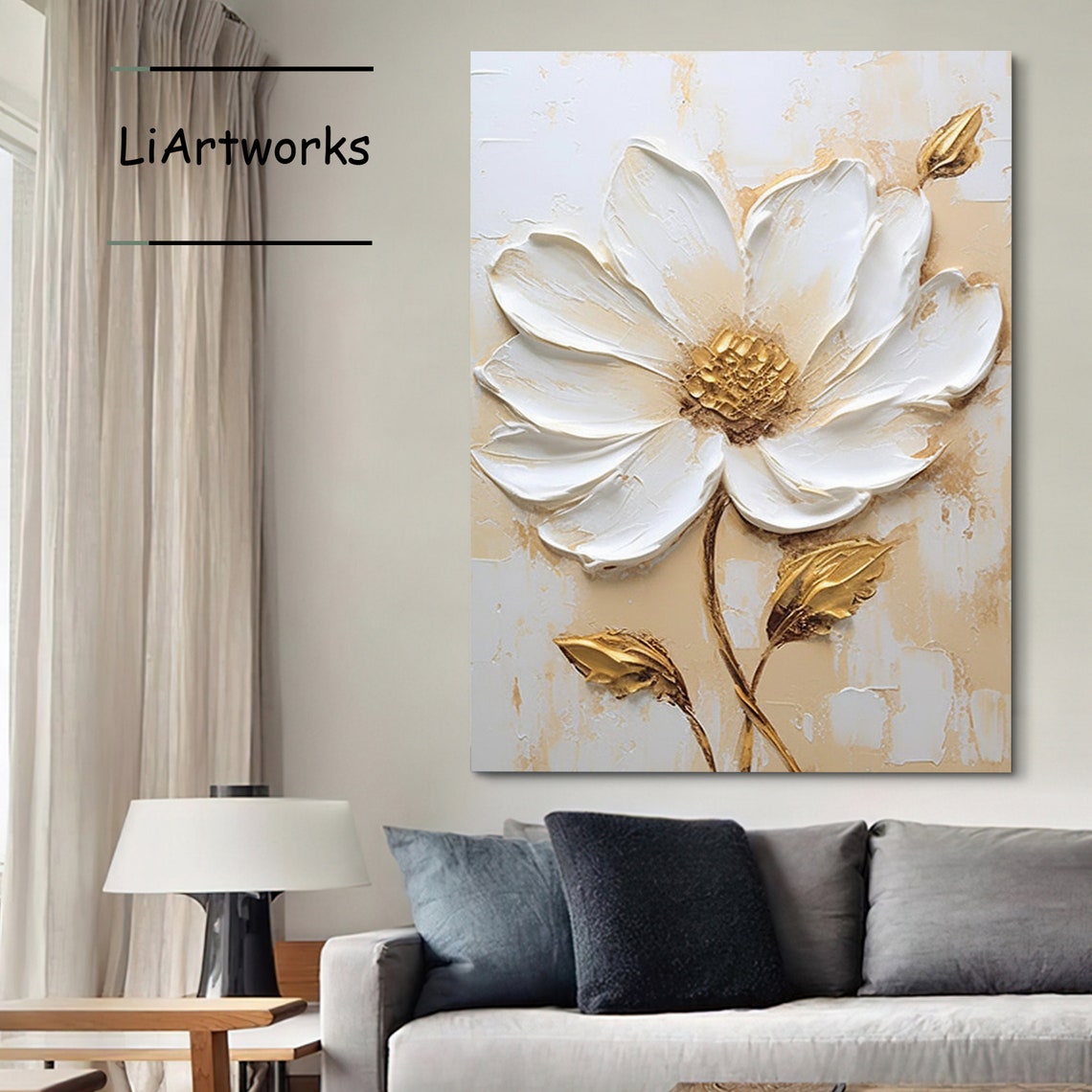 White Flower With Gold Leaves 3D Textured Floral Abstract Poster - Image 2