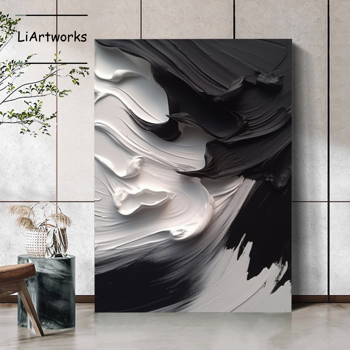 Black and White Swirling Impasto Abstract Dramatic Fluid Art Poster - Image 2
