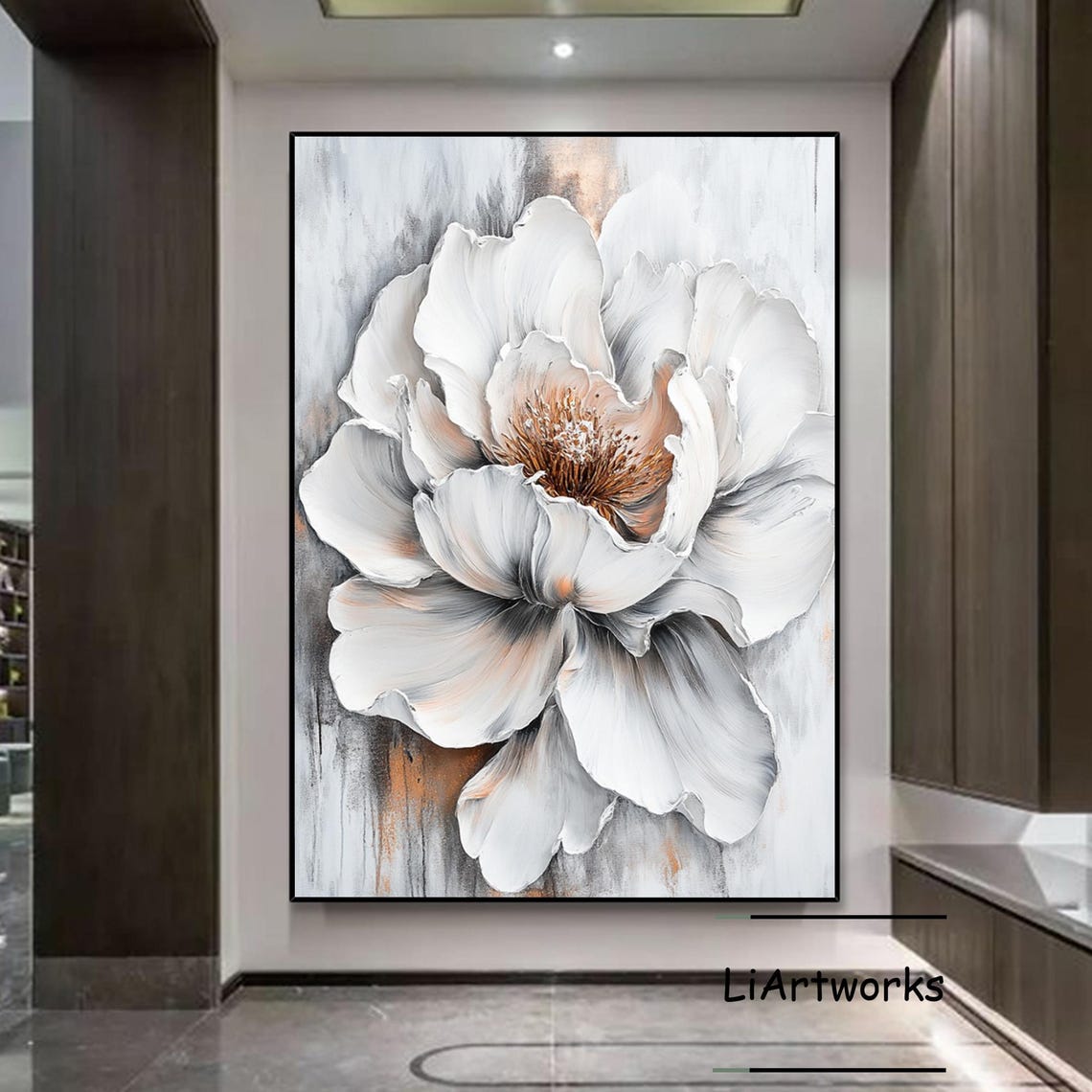 White Flower With Copper Center On Gray Textured Floral Poster - Image 4