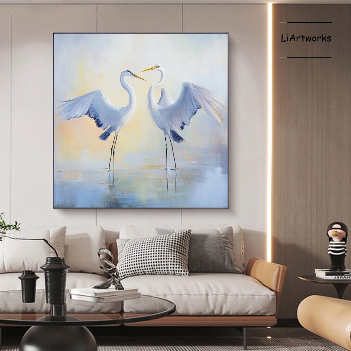 Two White Herons Wings Spread Pastel Water Bird Art Wall Poster - Image 3