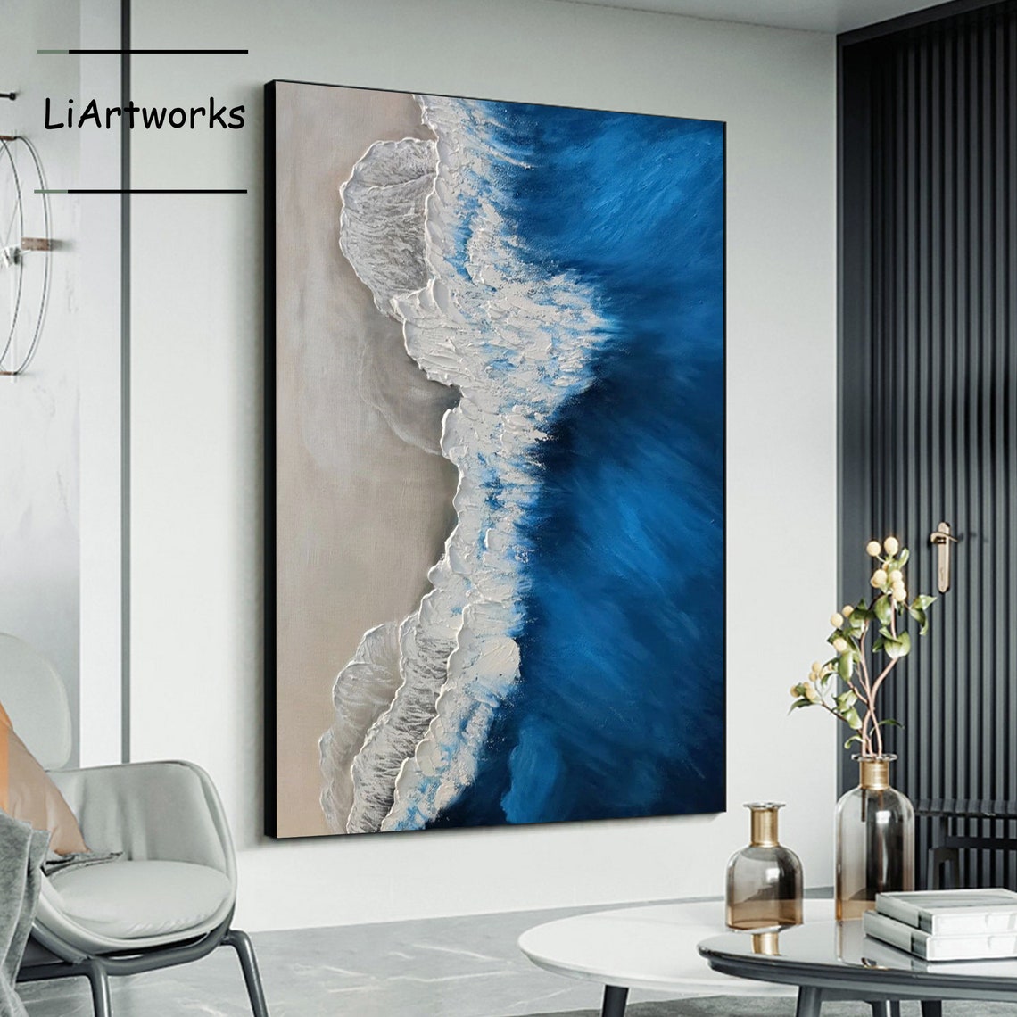 Aerial Ocean Wave Meeting White Sand Deep Blue Water Textured Poster - Image 4