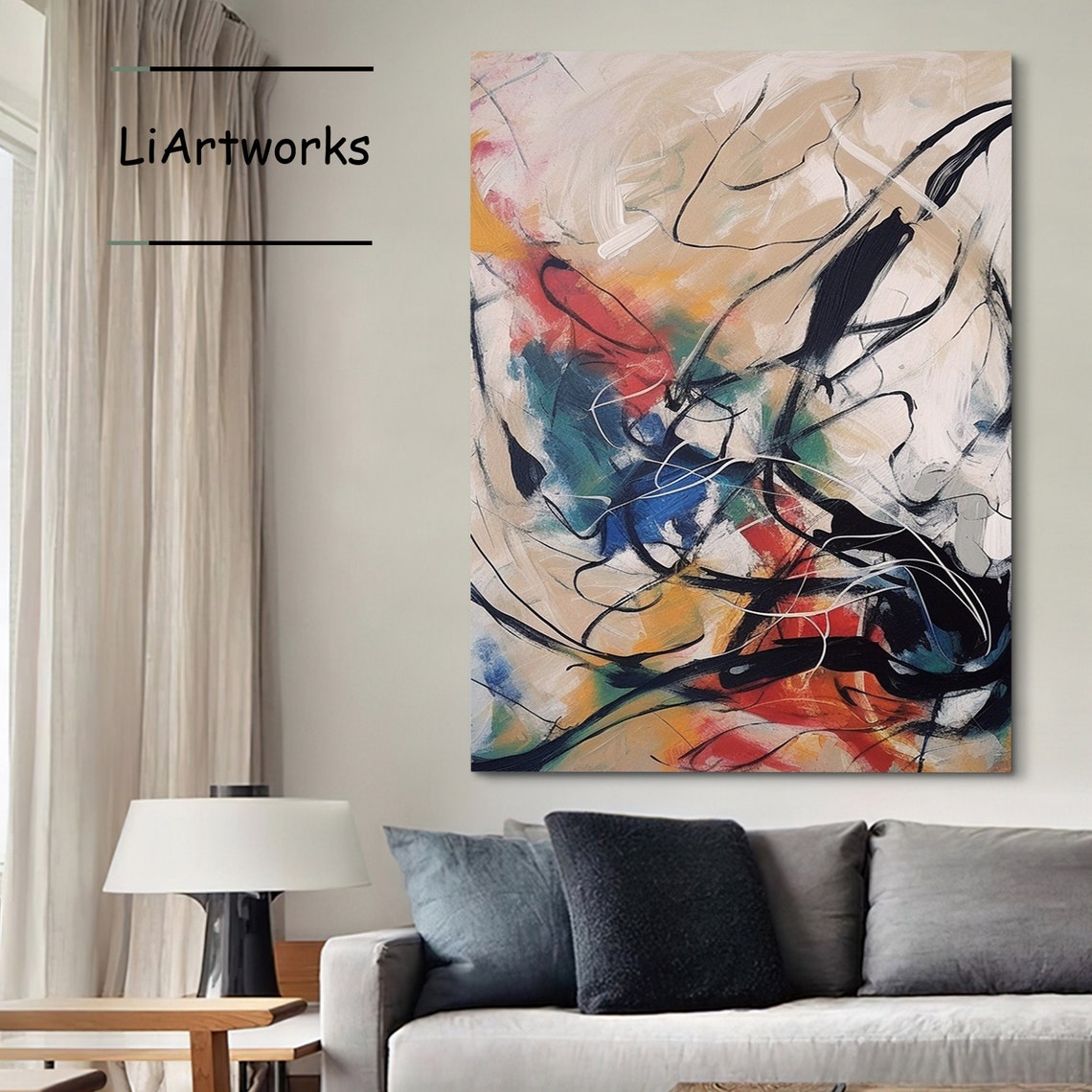 Black Ink Lines With Color Splashes Abstract Expression Poster - Image 3