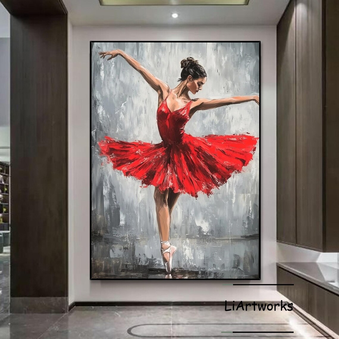 Elegant Ballerina In Red Dress Gray Background Ballet Art Poster - Image 4
