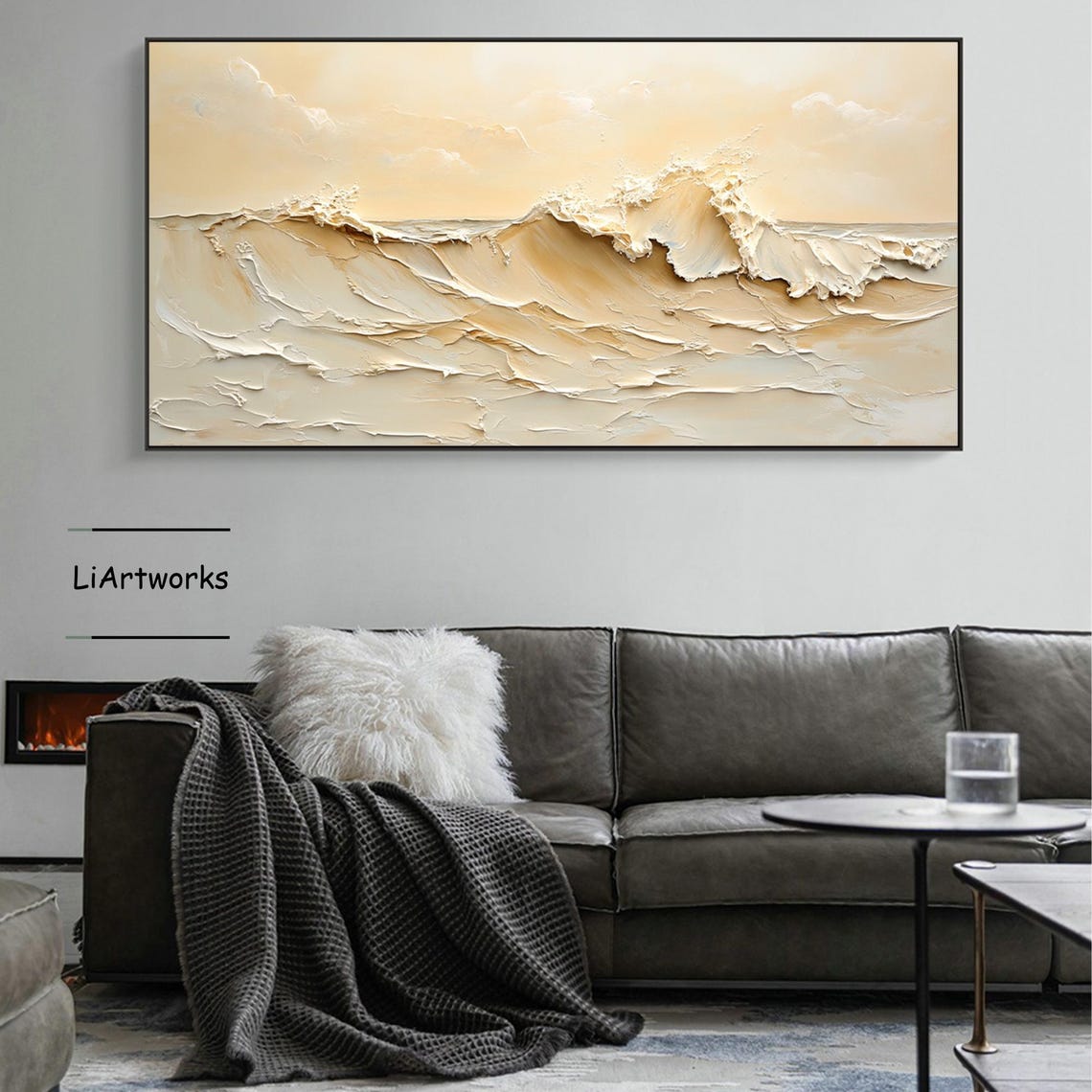 Warm Sand Toned Ocean Wave Crest in Textured Impasto Art Poster - Image 4