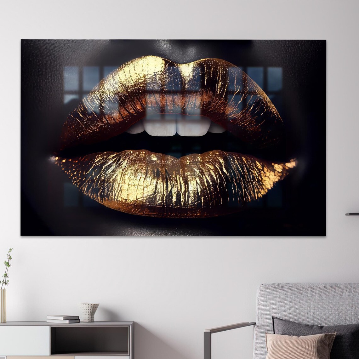 Gold Lips Close Up Metallic Black Glamorous Bold Beauty Wall Art
