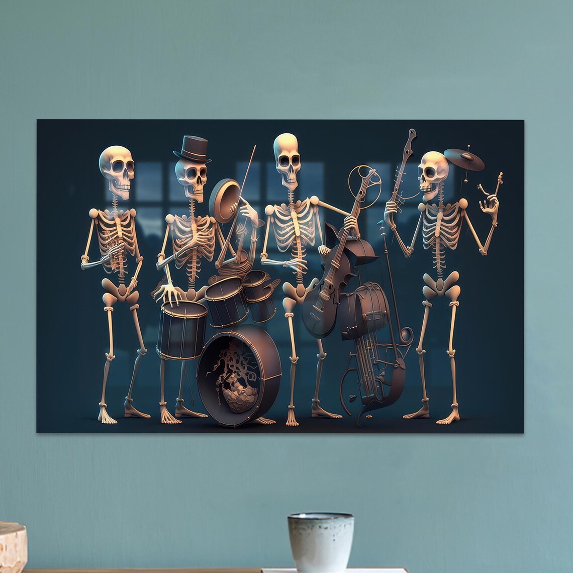 Funny Skeleton Band Playing Jazz Instruments Dark Humor Art Poster