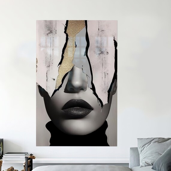 Fragmented Woman Face Gold Crack Abstract Modern Portrait Wall Art