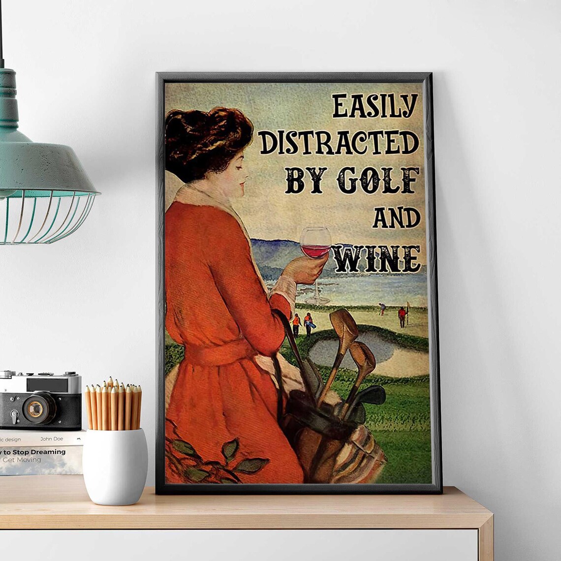 Easily Distracted By Golf And Wine Vintage Golfer Woman Poster - Image 3
