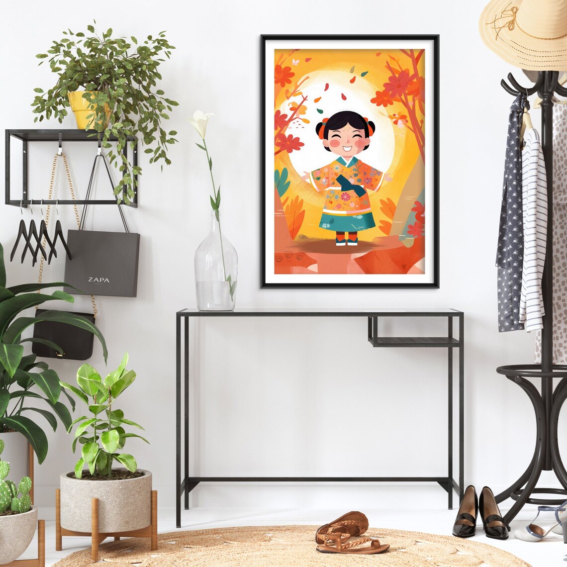 Happy Girl in Hanbok Korean Dress Autumn Trees Kids Room Art Print - Image 2