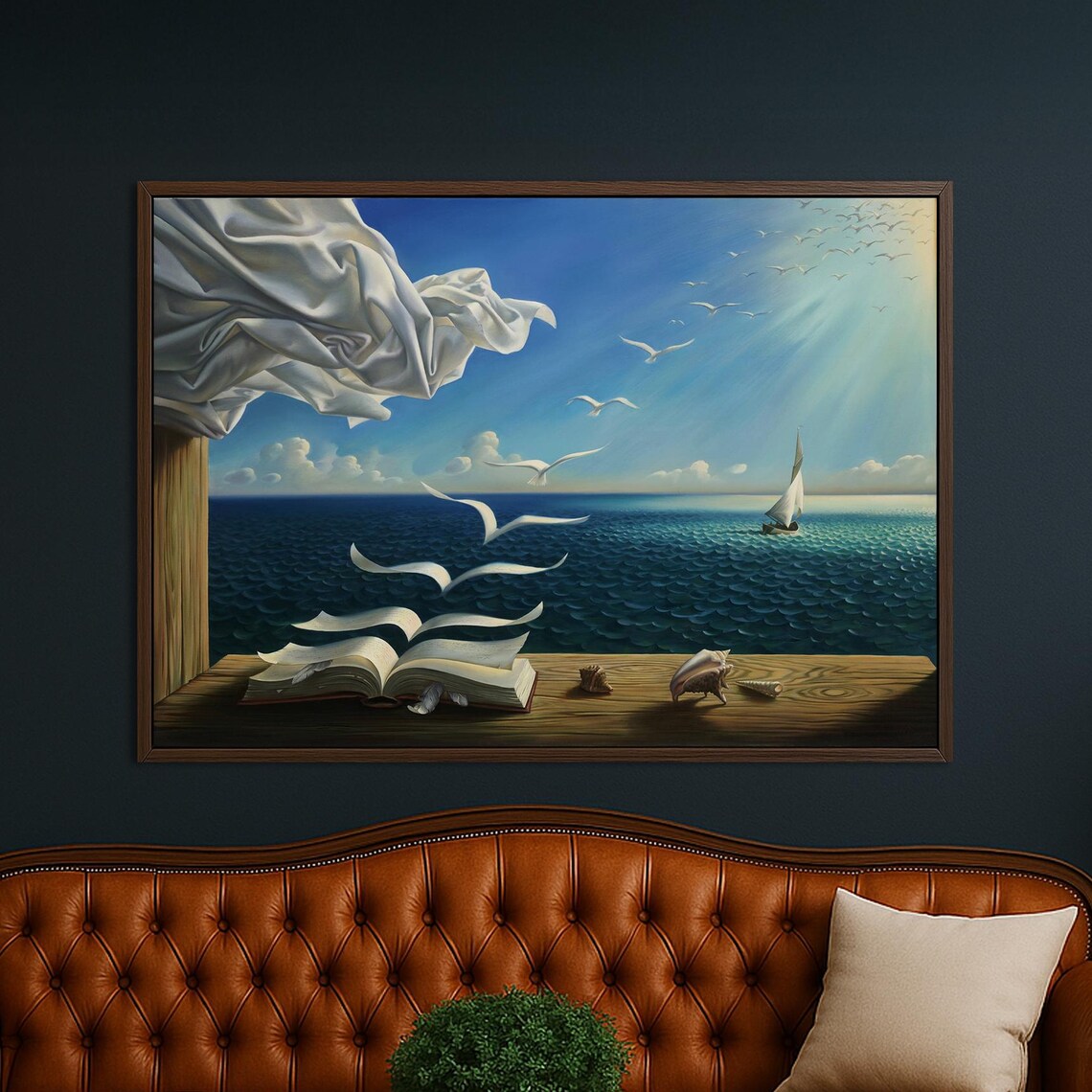 Surreal Open Book Birds Flying Seascape Sailboat Dream Art Poster