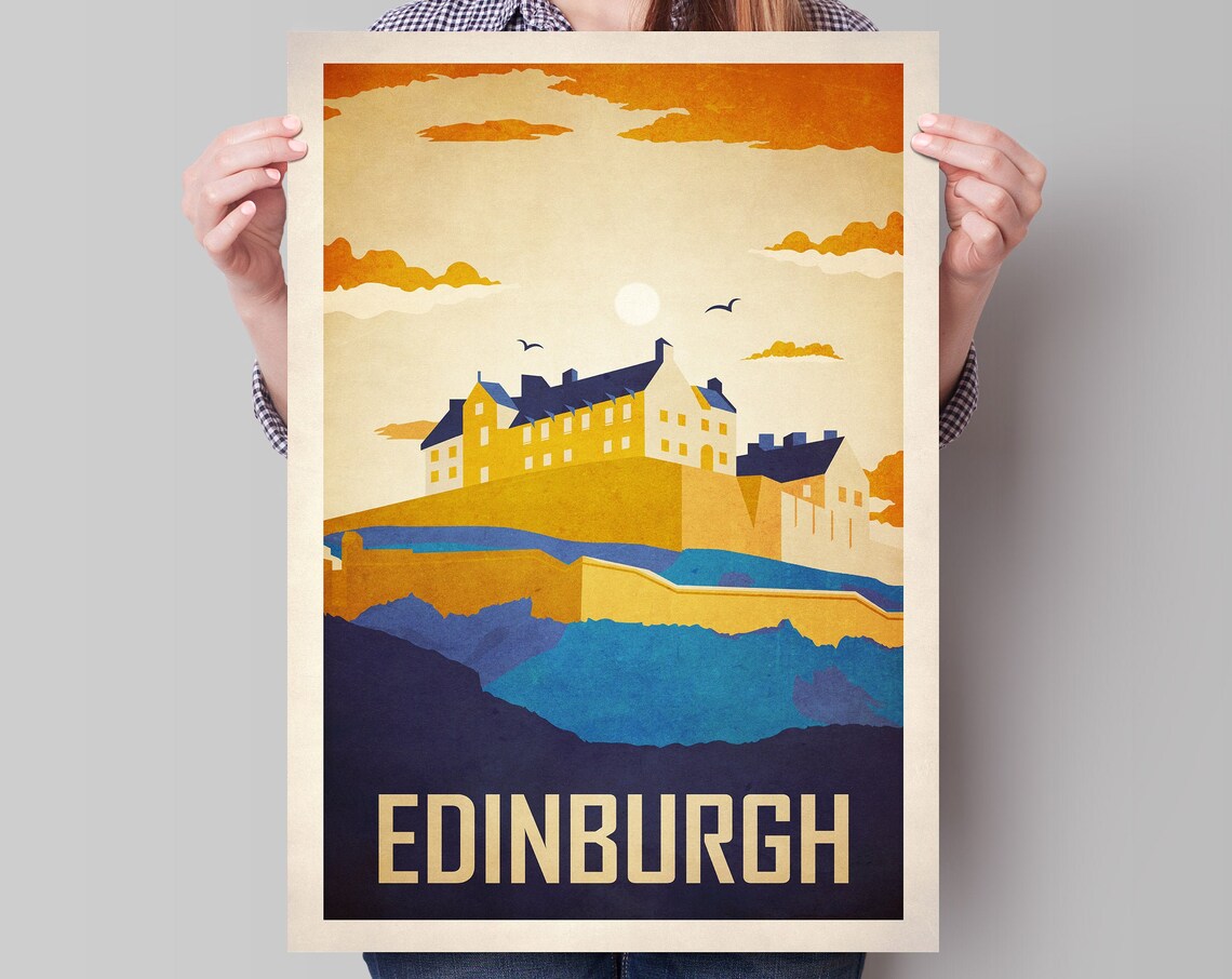 Edinburgh Castle Sunset Travel Poster Scotland Historic Landmark Artwork