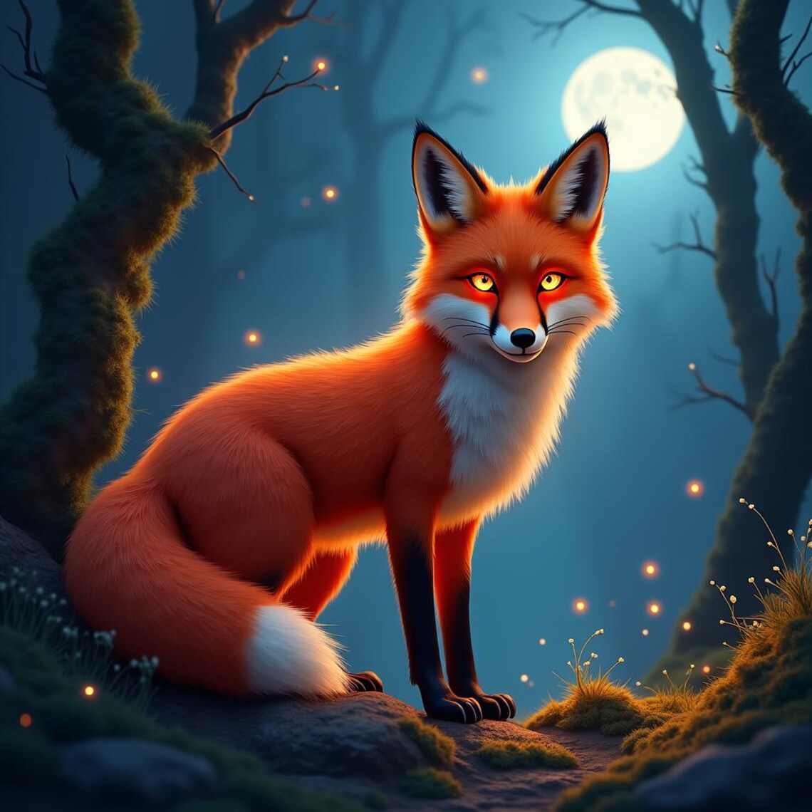 Enchanted Red Fox Moonlit Forest Fireflies Fantasy Art Poster